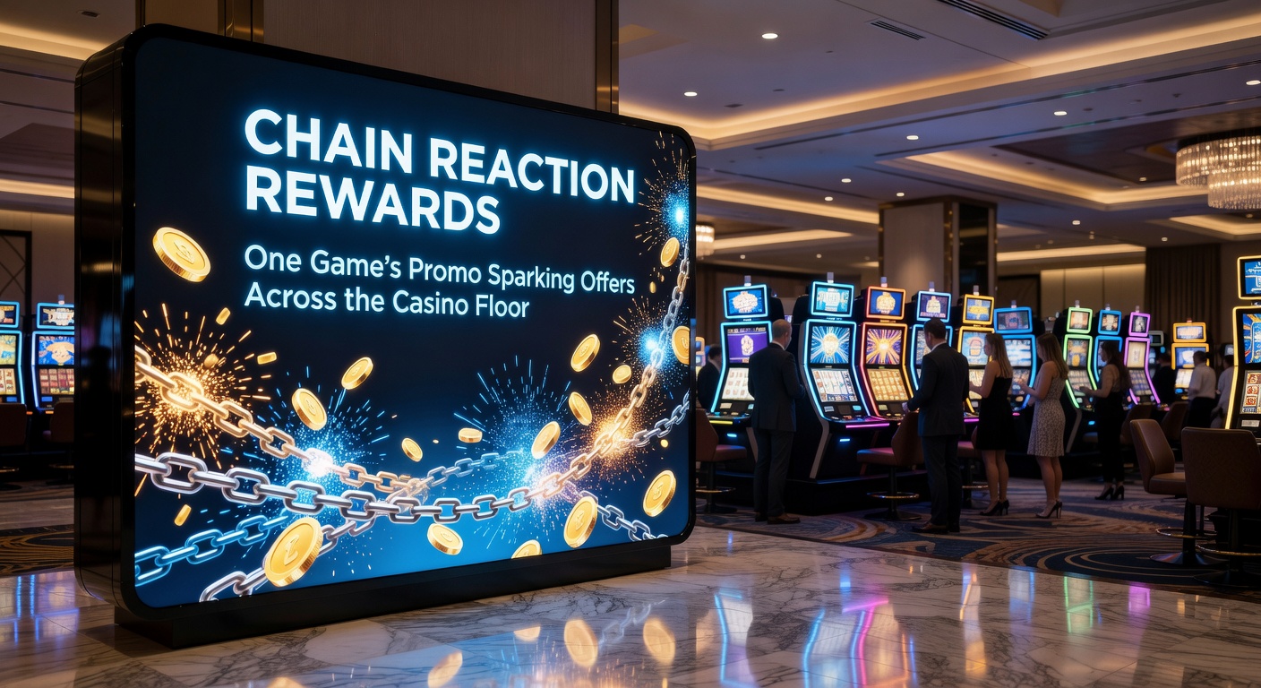 Bunte Slot-Maschine mit leuchtenden Promo-Effekten, die Kettenreaktionen über den Casino-Boden simulieren