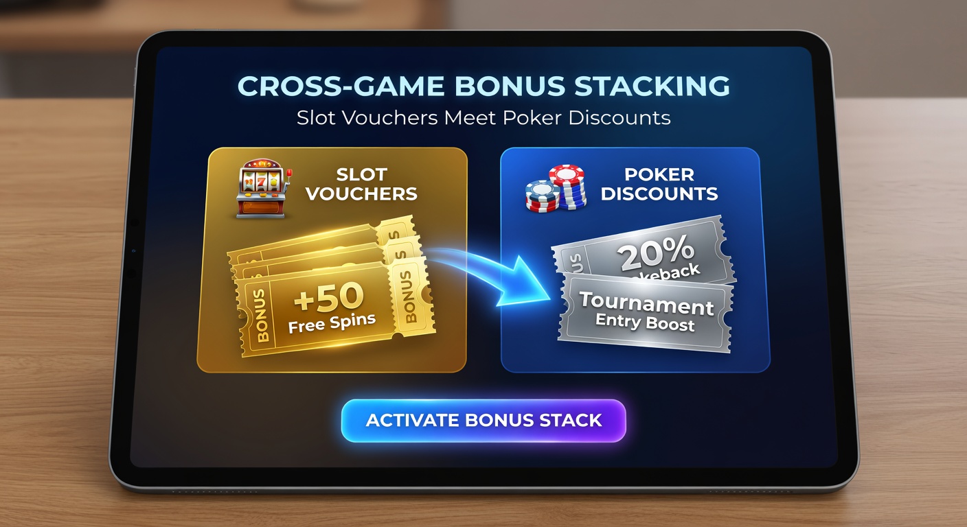 Grafik, die den Stack von Slot-Vouchers und Poker-Discounts visualisiert, mit Pfeilen, die den Bonusfluss zeigen