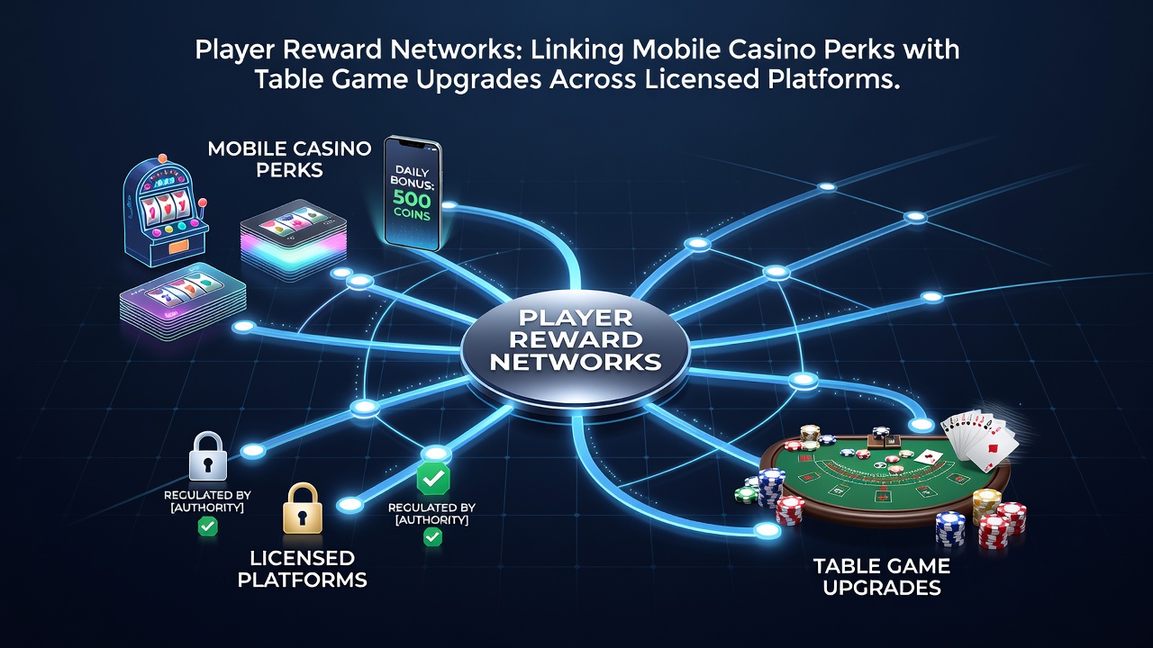 Darstellung eines vernetzten Belohnungssystems das mobile Casino-Perks mit Tischspiel-Upgrades verbindet