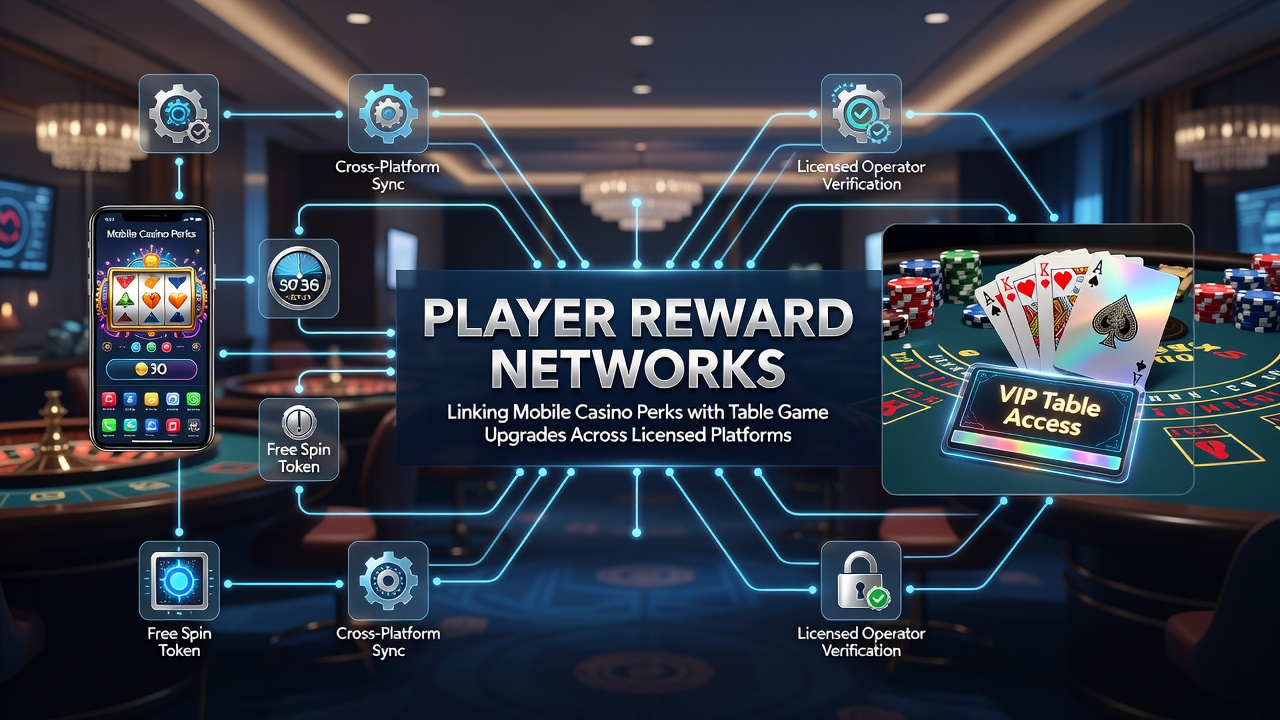 Illustration der technischen Verknüpfung zwischen mobilen Perks und Tischspiel-Upgrades in vernetzten Systemen